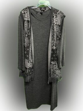 Nina Leonard 2 Piece Charcoal Gray Dress with Patterned Fringe Vest